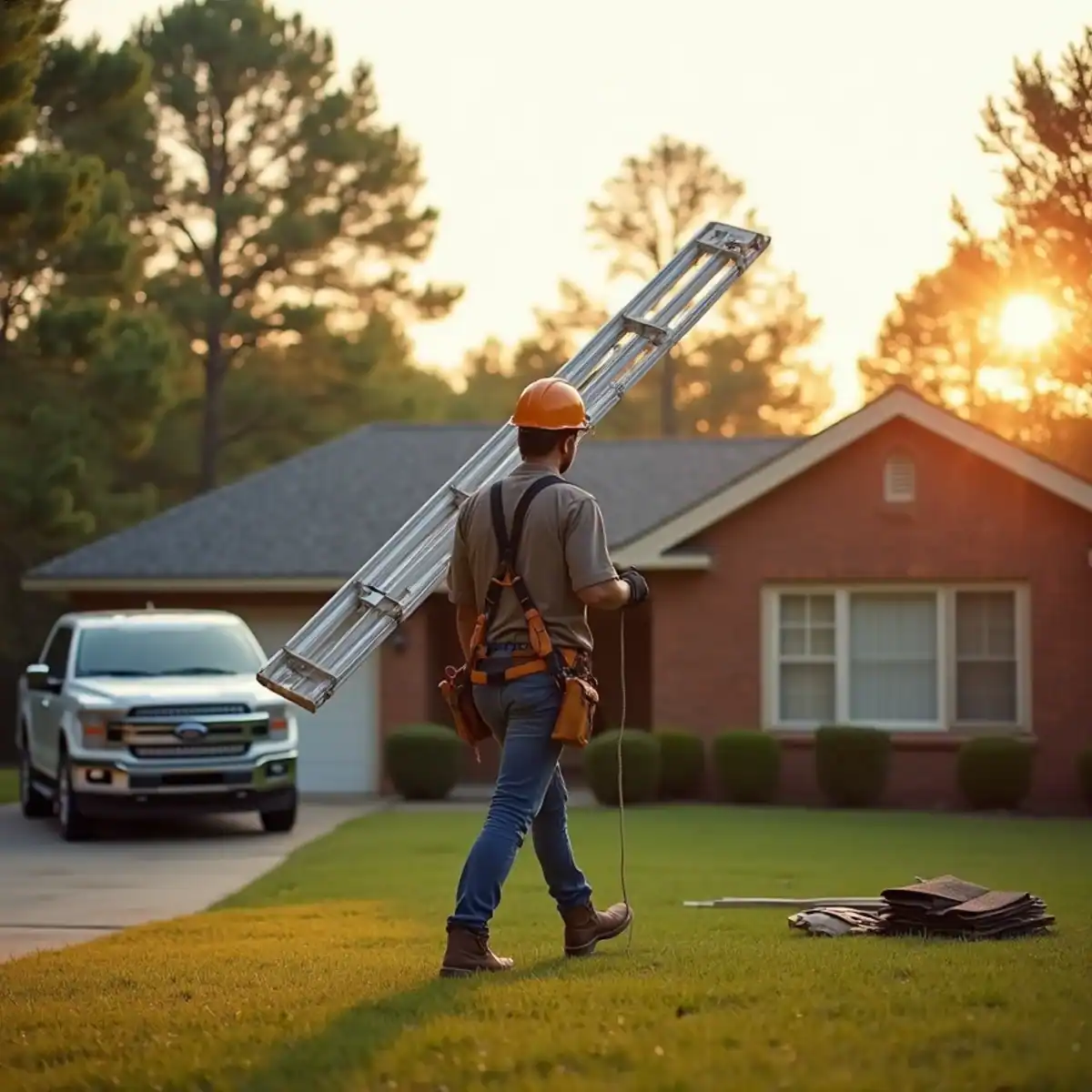 Roofer carrying a ladder and a bundle of shingles to a brick home in Little Rock, AR at sunrise