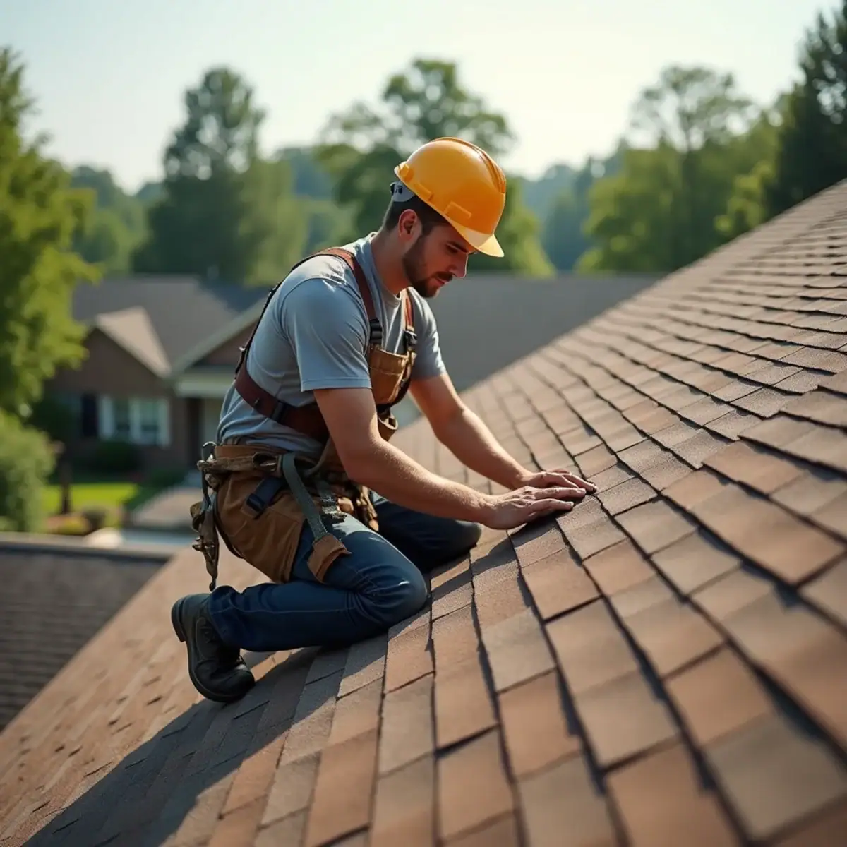 Roofer checking a ridge vent on a shingle roof of a 2000s home in Bryant, AR