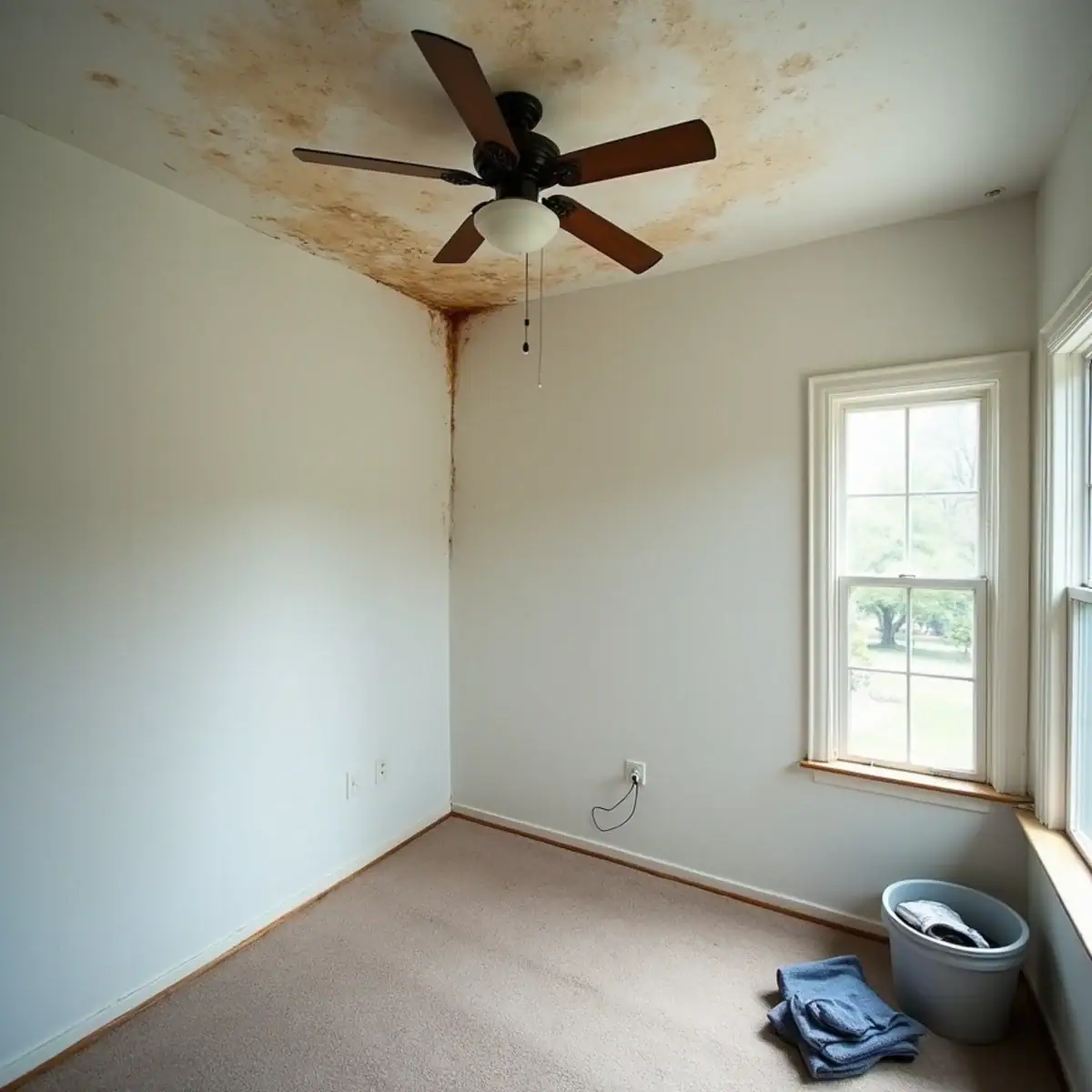Brown water stain rings on a white bedroom ceiling near an exterior wall in a Little Rock, AR home