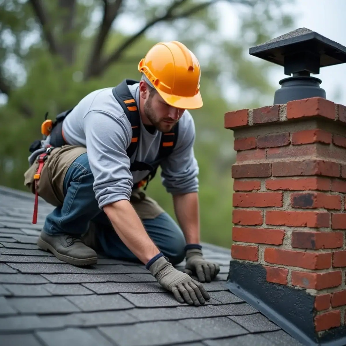 Roofer checking the step and counter flashing on a brick chimney of a 1920s home in the Heights, Little Rock, AR