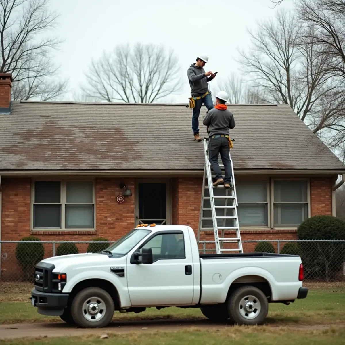 Roofer photographing a shingle repair on a single-story rental house in Jacksonville, AR