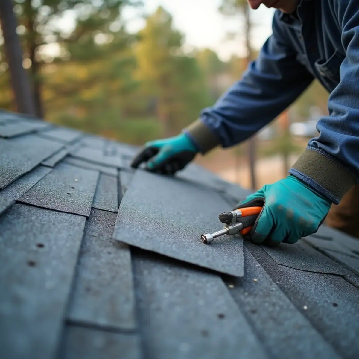 Roofer sliding a new architectural shingle into a weathered roof on a wooded lot in Maumelle, AR