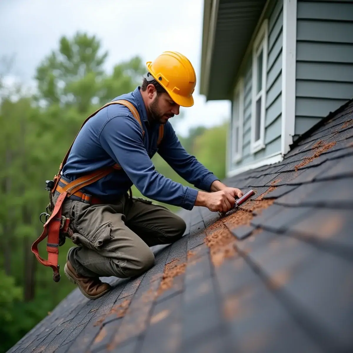 Roofer lifting a shingle to check step flashing where the roof meets a siding wall in Little Rock, AR