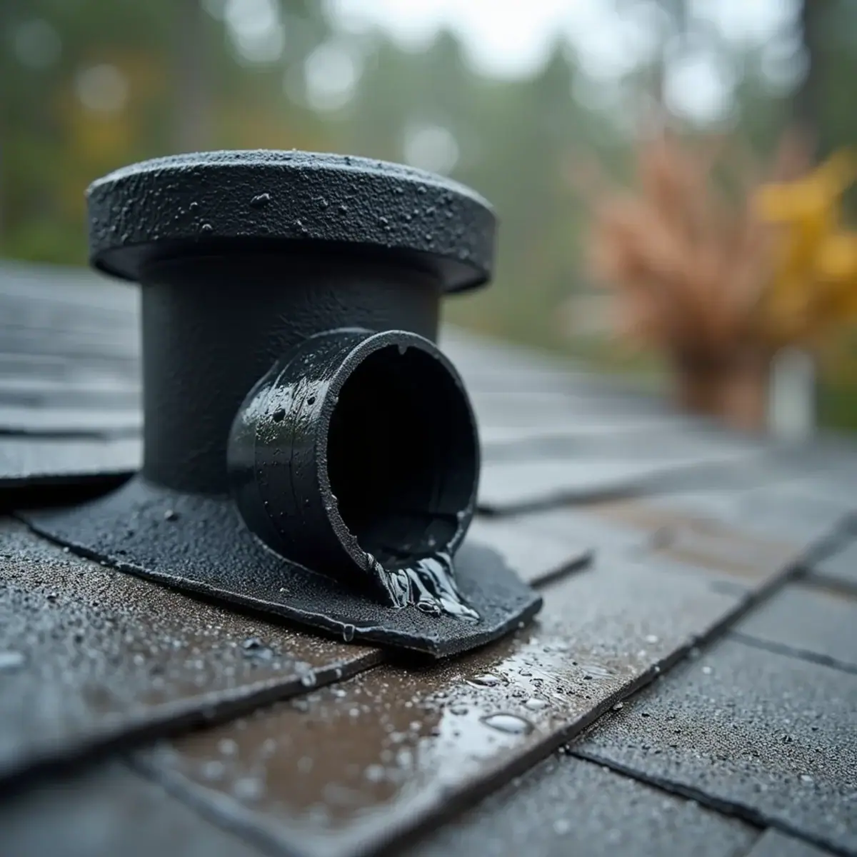 Cracked rubber pipe boot around a plumbing vent on a shingle roof in Little Rock, AR
