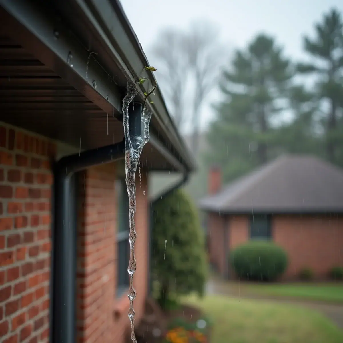 Rain overflowing a clogged gutter at the roof edge of a brick home in Little Rock, AR