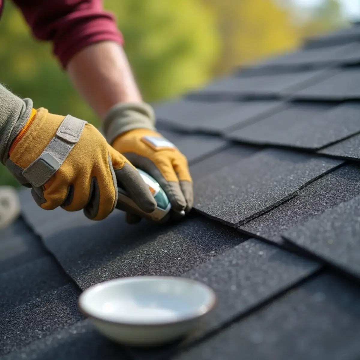 Roofer pressing down lifted asphalt shingle tabs with failed seal strips in Little Rock, AR