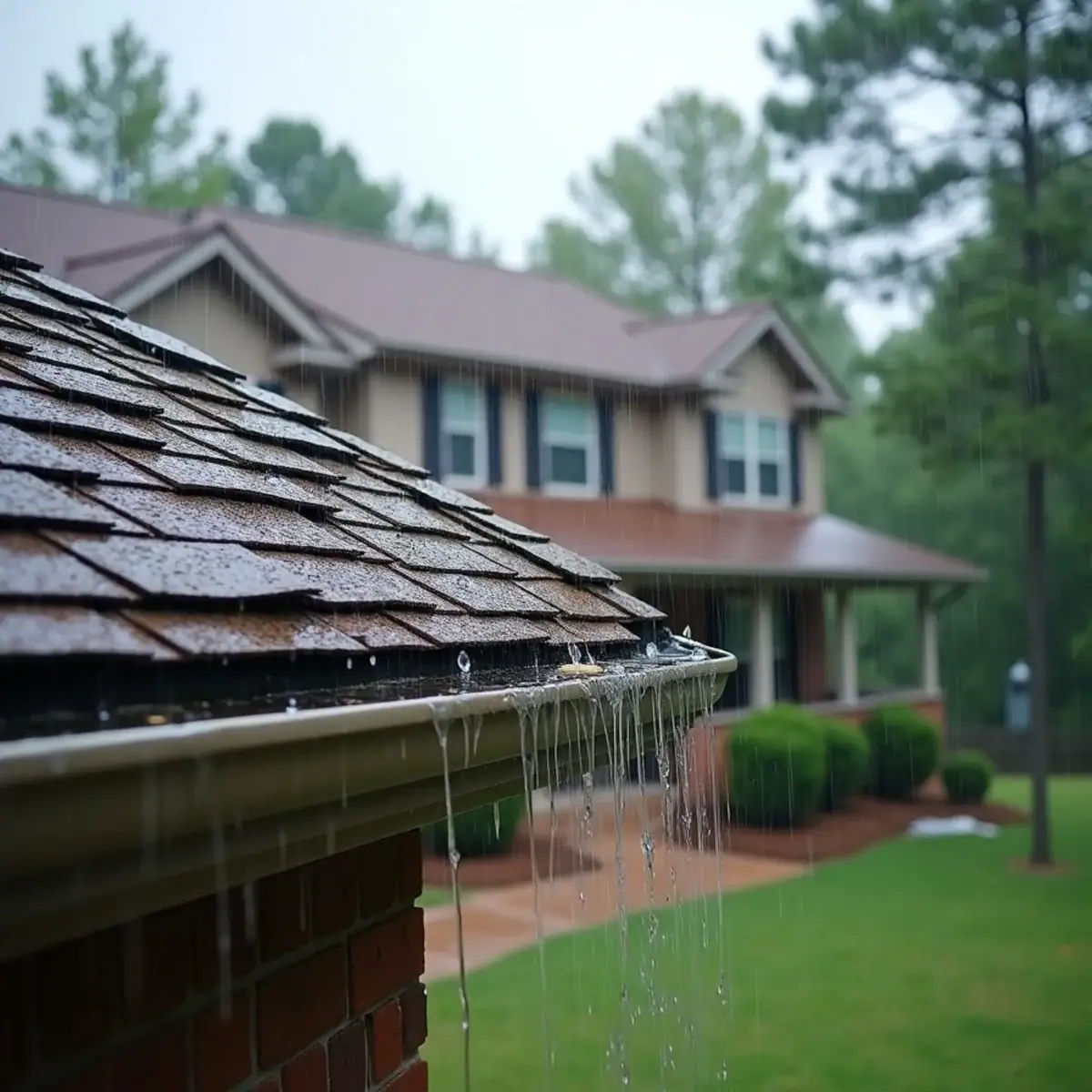 Heavy rain sheeting off a shingle roof valley and overflowing a gutter on a home in Bryant, AR