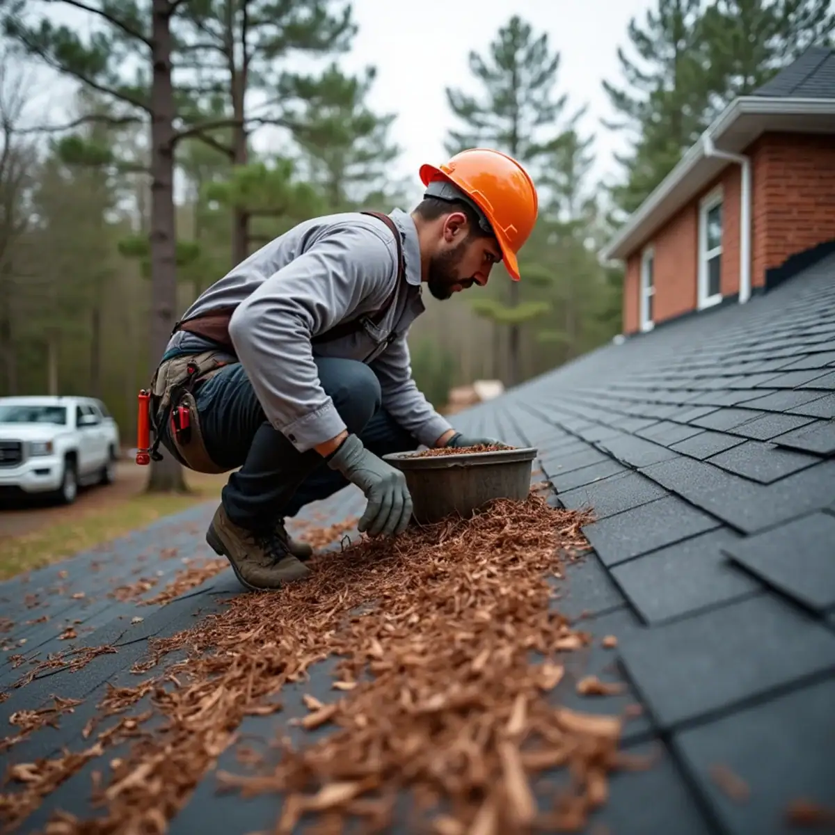 Roofer clearing pine needles from a shingle roof valley on a wooded lot in Maumelle, AR