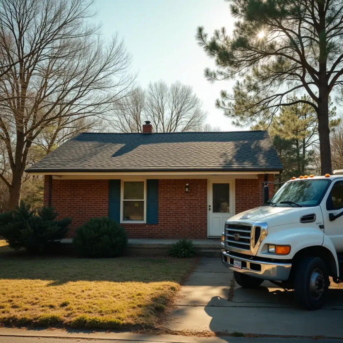 Shingle roof with a visible dip between rafters on a mid-century brick home near downtown Benton, AR