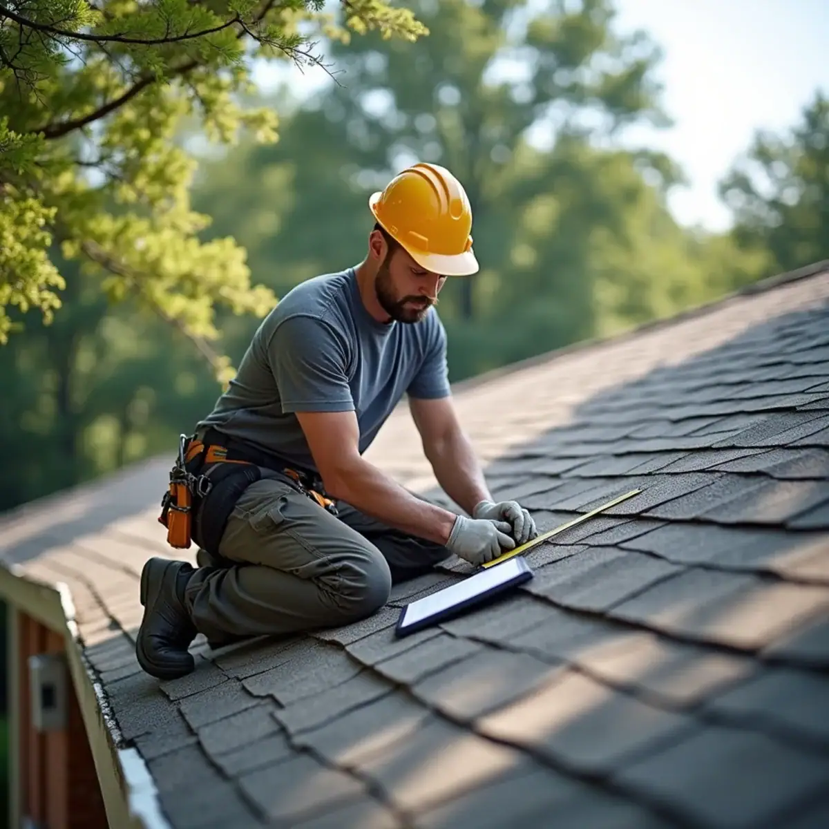 Roofer measuring a damaged section of asphalt shingles before writing an estimate on a Little Rock home