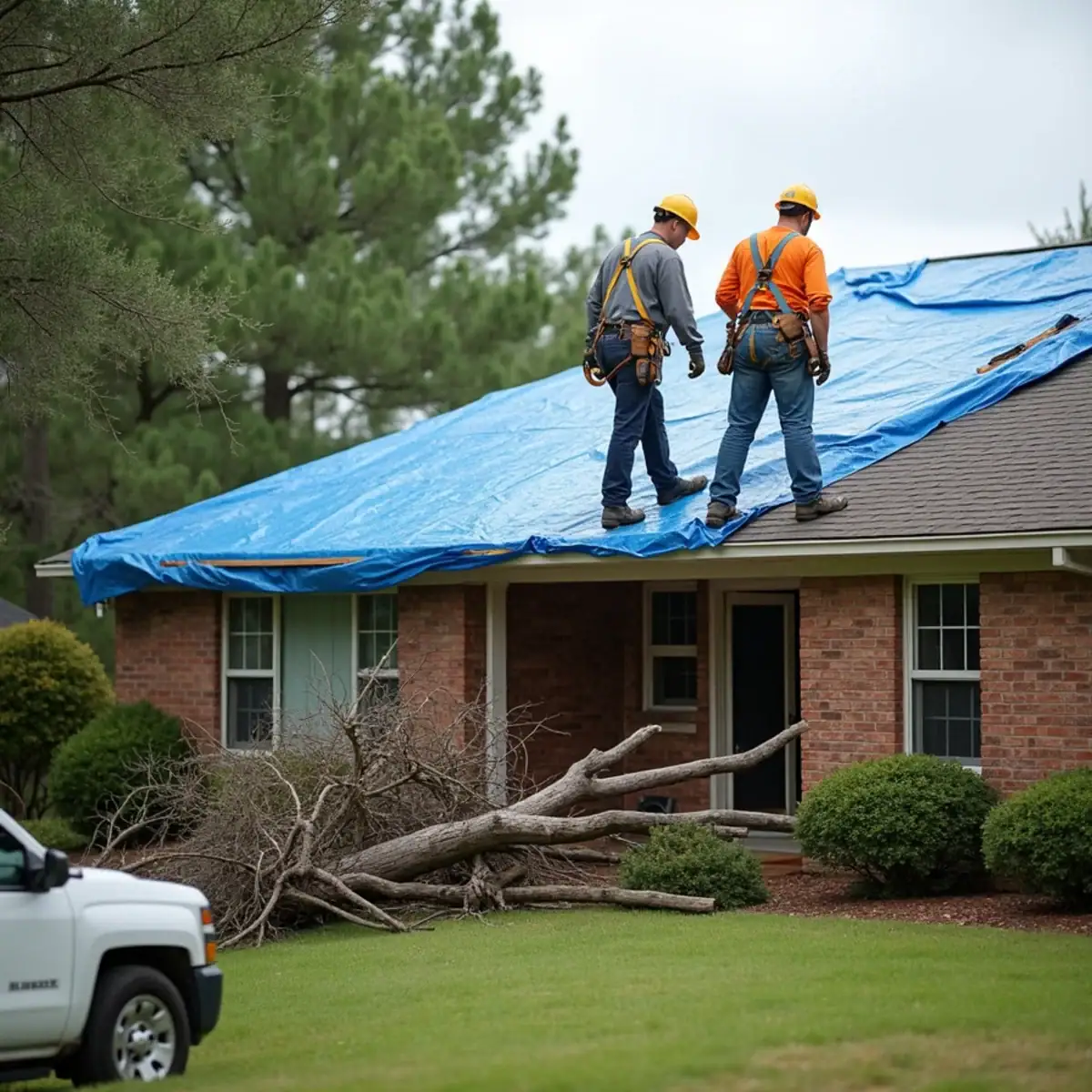Two roofers in harnesses fastening a blue tarp over the ridge of a shingle roof in Jacksonville, AR