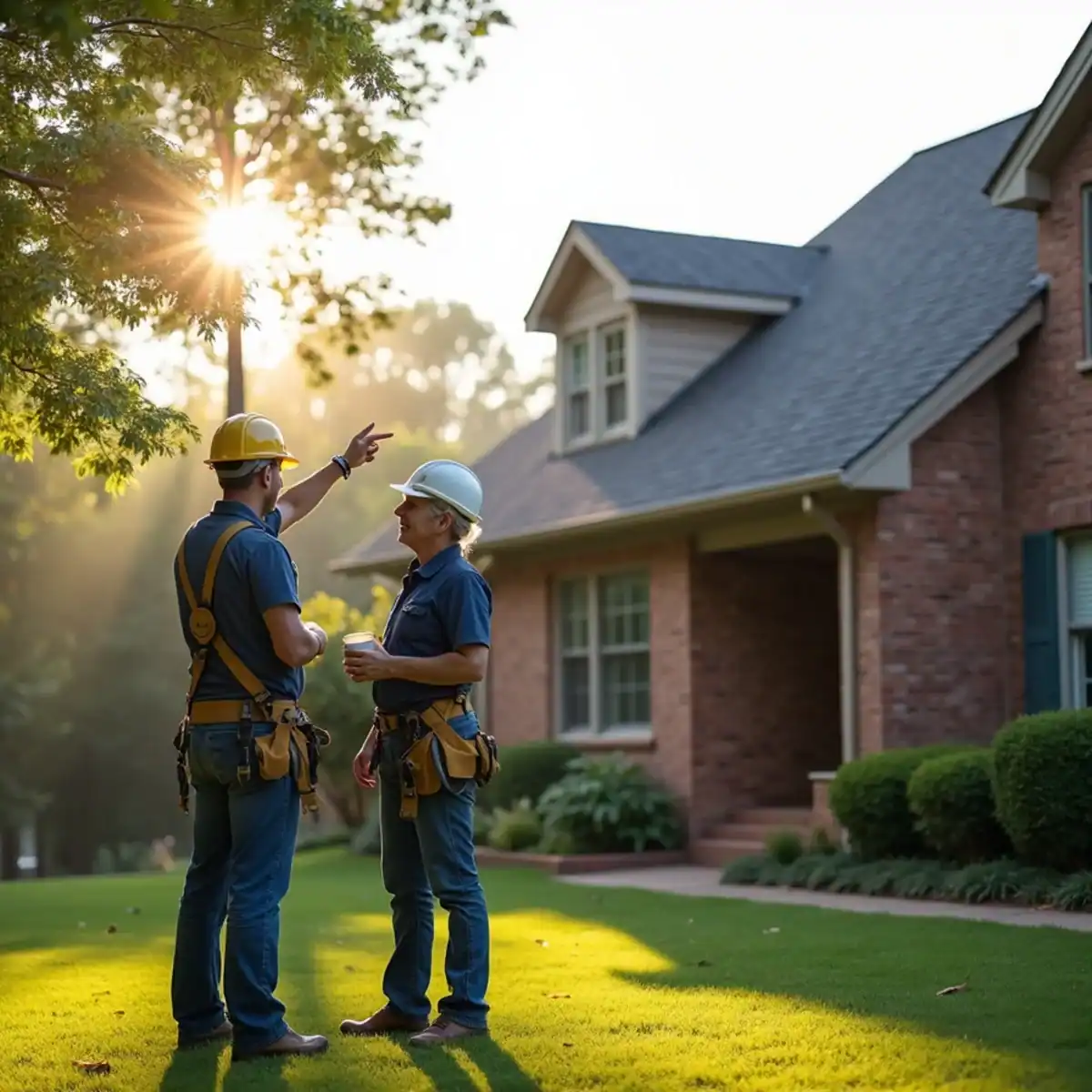 Roofer pointing out a roof valley to a homeowner in the front yard of a Little Rock, AR home