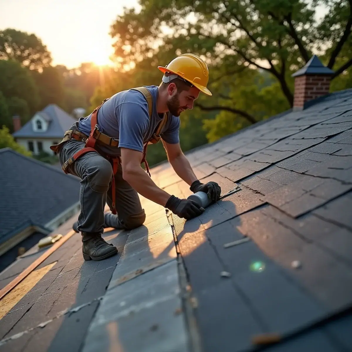 Roofer pressing temporary peel-and-stick membrane over bare decking on a Hillcrest home in Little Rock, AR