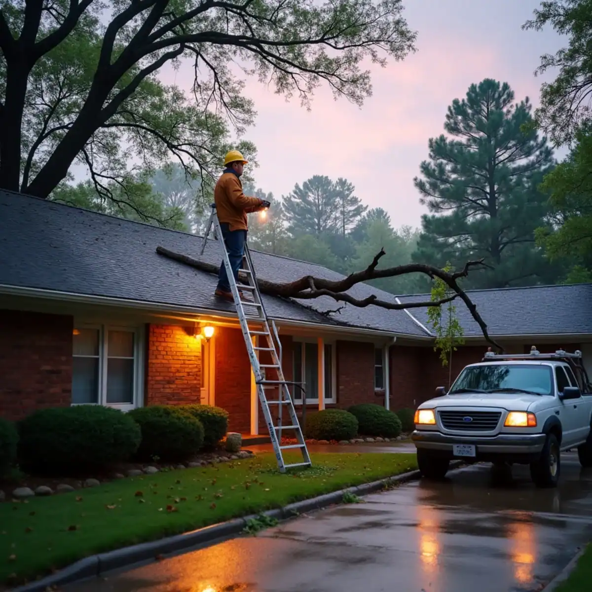 Roofer on a ladder checking an oak limb lying on the shingle roof of a brick ranch home at dawn in Little Rock, AR