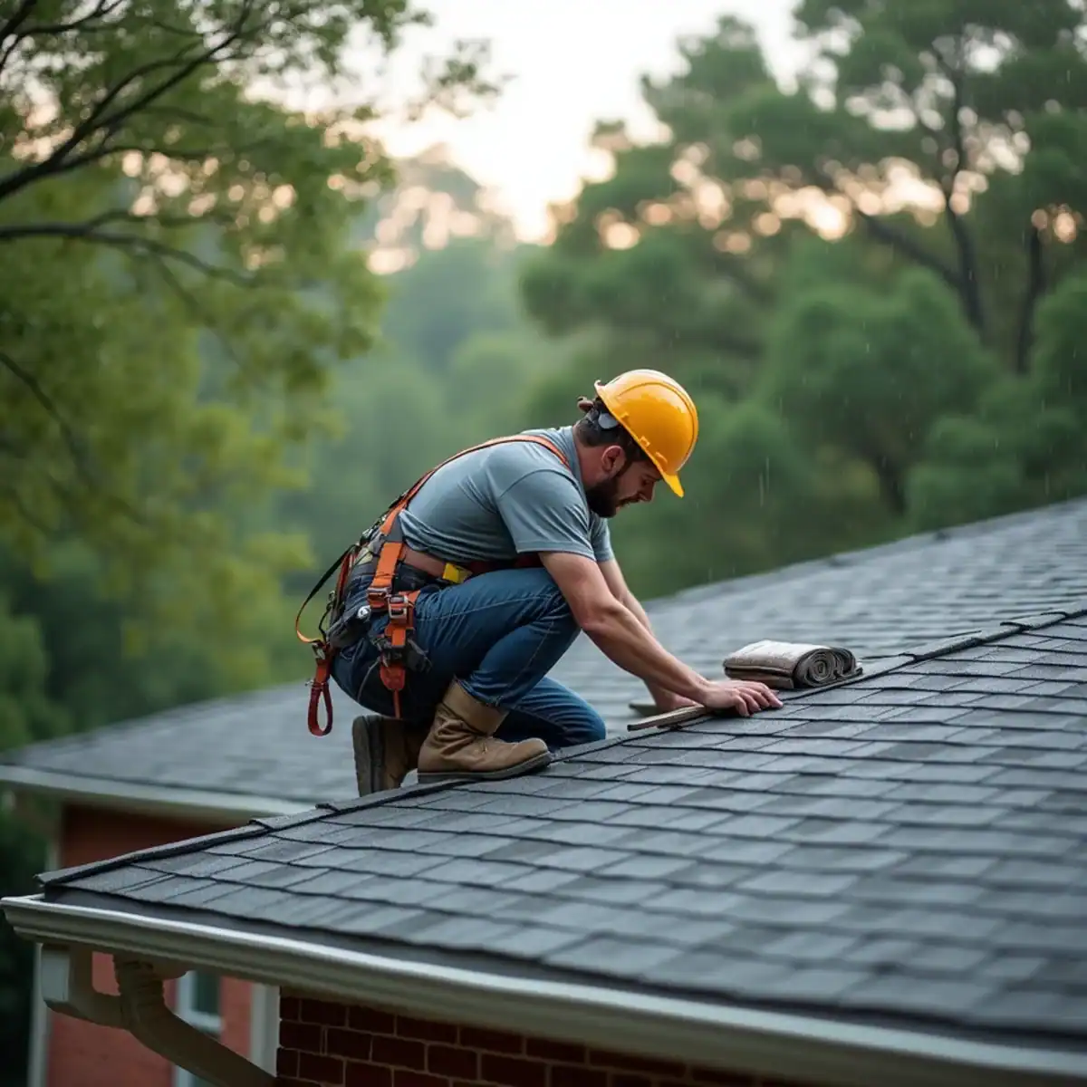 Roofer replacing asphalt shingles on a brick ranch house under oak trees in Little Rock, AR