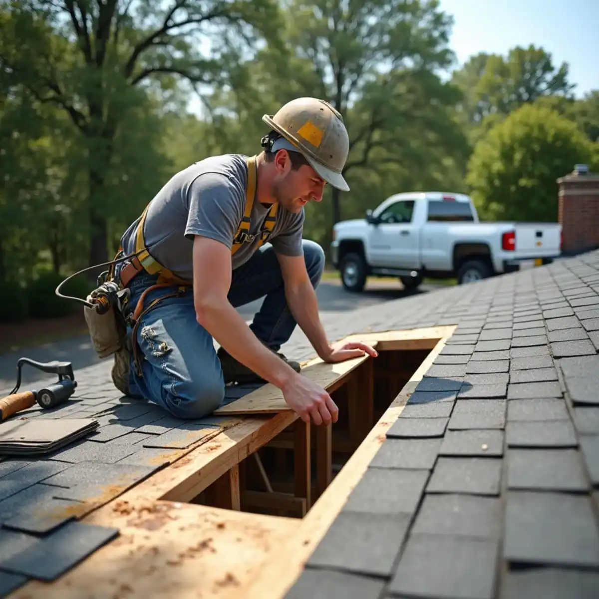 Roofer fitting a new sheet of roof decking into an opened section of a shingle roof in Little Rock, AR