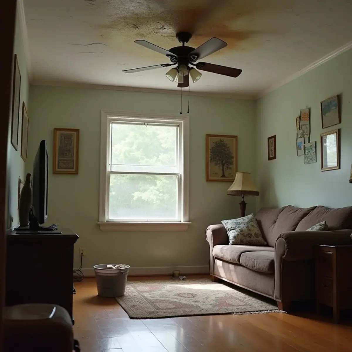 Bucket with a towel catching a drip under a stained ceiling in a Little Rock, AR living room