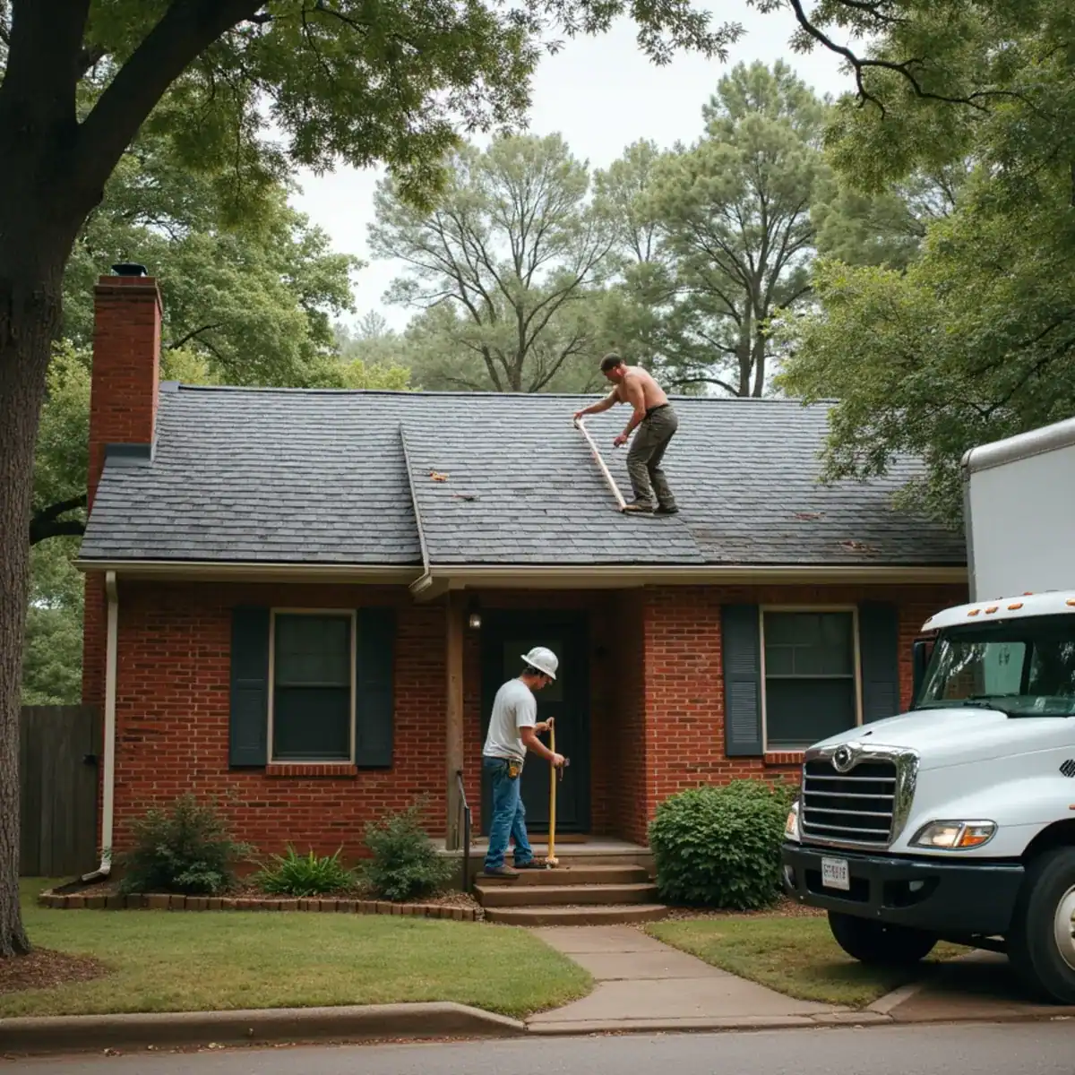 Roofer replacing rotted roof boards beside a brick chimney on an older home in Benton, AR