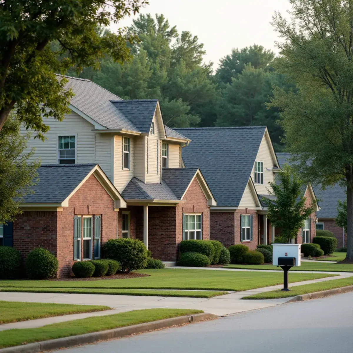 Row of 2000s subdivision homes with original architectural shingle roofs in Bryant, AR