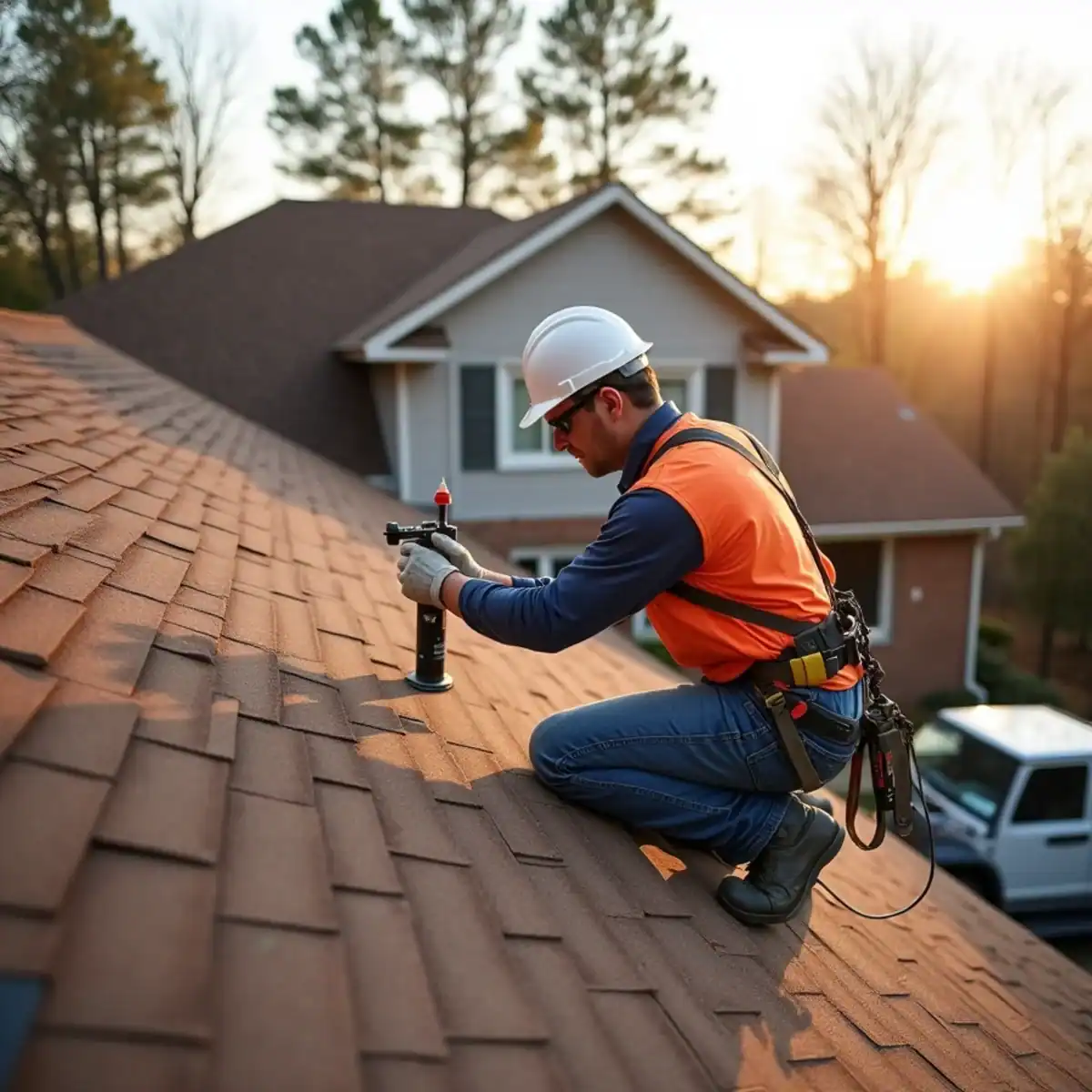 Roofer hand-sealing lifted shingles on a 2000s two-story home in Bryant, AR