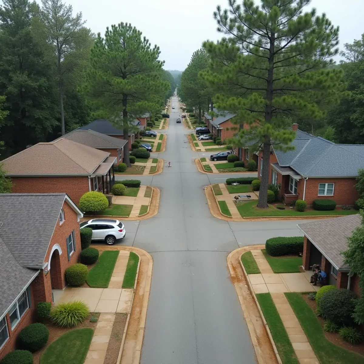 Older brick ranch houses with aging shingle roofs on a residential street in Jacksonville, AR