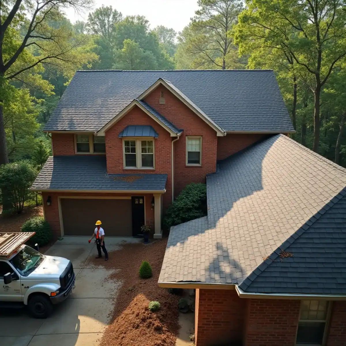 Roofer clearing pine needles from a roof valley on a multi-gable home in Maumelle, AR