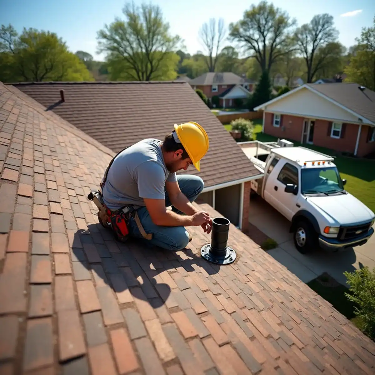 Roofer fitting a new pipe boot on the shingle roof of a brick ranch house in Sherwood, AR